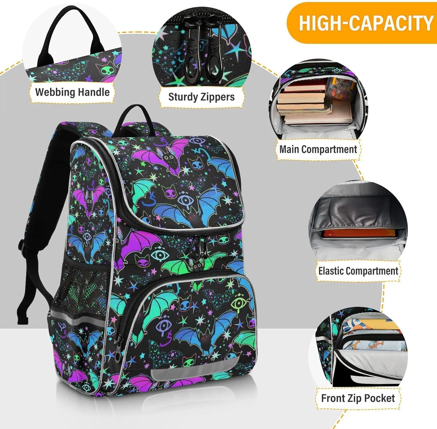 Psychedelic Bats Backpack 16 Inch Stylish Casual Rucksack Daypacks, College School Student Laptop Backpack