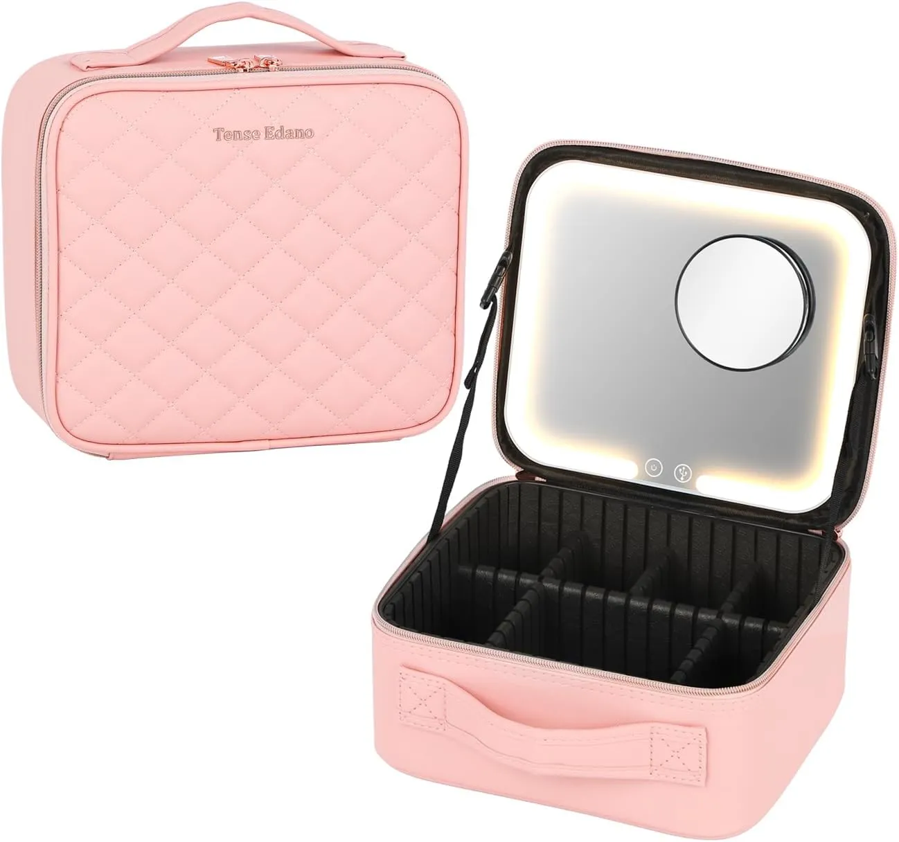 PU Leather Cosmetics Train Case with Removeable LED Lighted Mirror Rechargeable 3 Color Lights Adjustable Brightness Portable Makeup Artist Organizer with Adjustable Dividers (Pink)