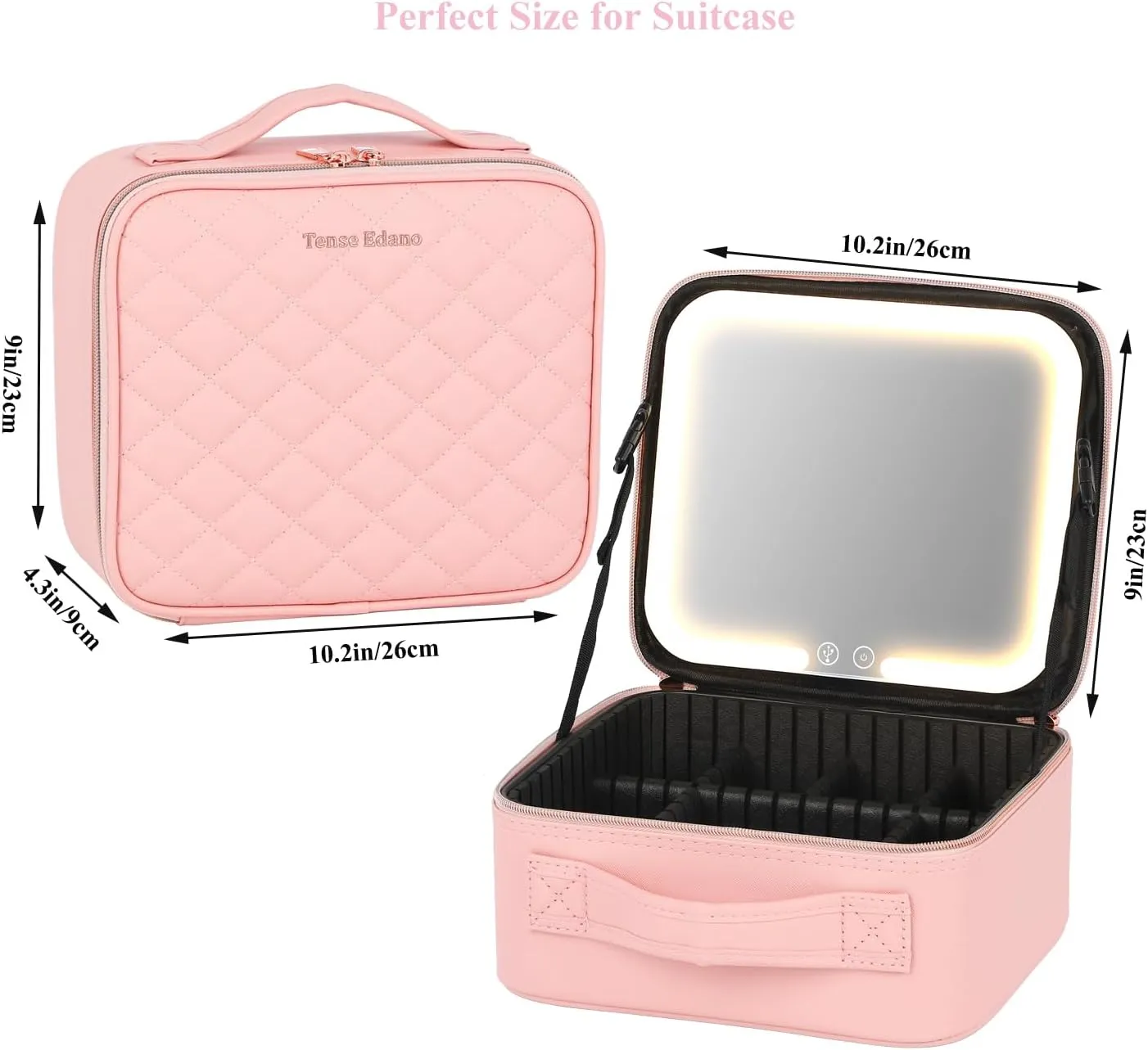 PU Leather Cosmetics Train Case with Removeable LED Lighted Mirror Rechargeable 3 Color Lights Adjustable Brightness Portable Makeup Artist Organizer with Adjustable Dividers (Pink)