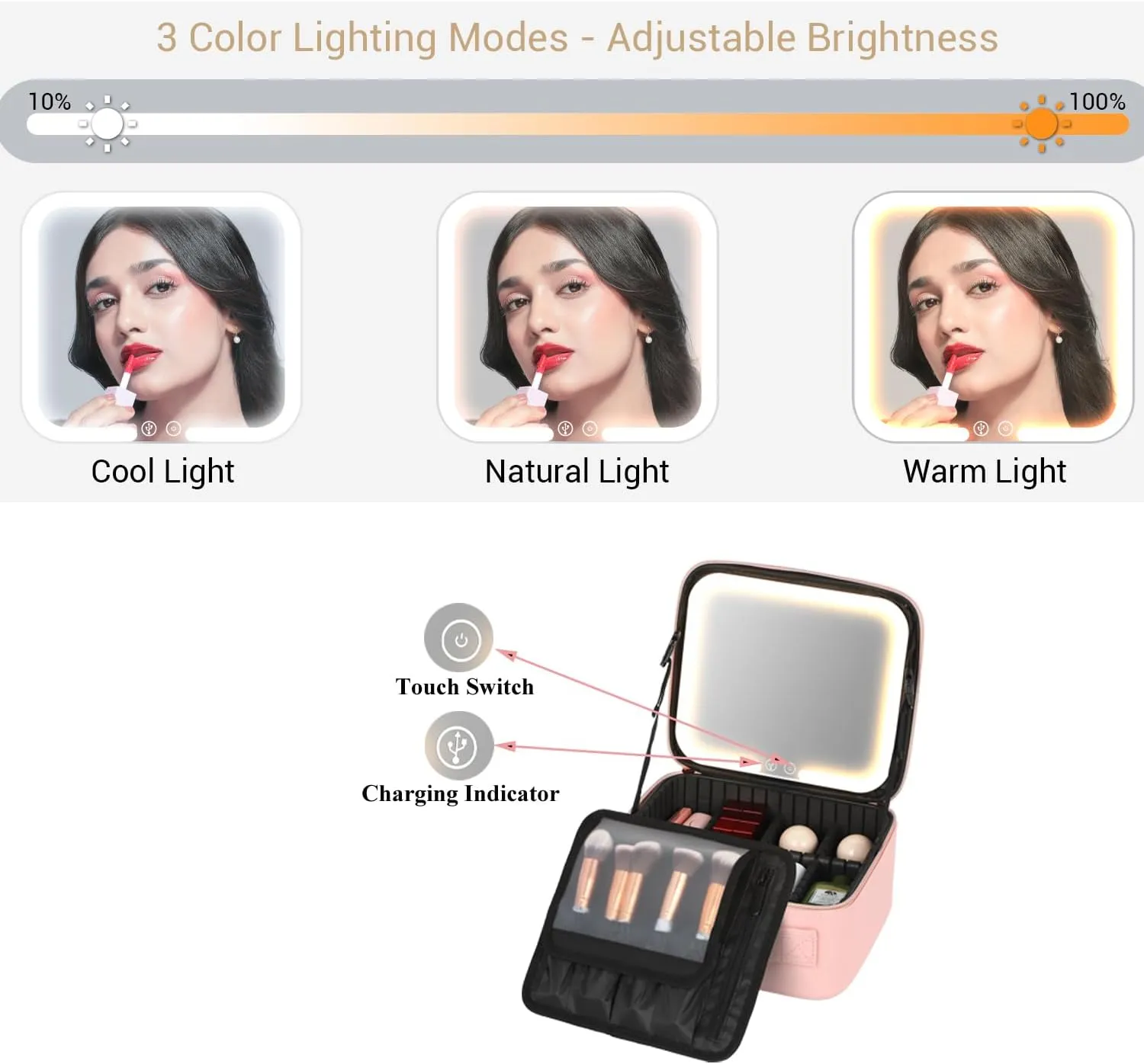 PU Leather Cosmetics Train Case with Removeable LED Lighted Mirror Rechargeable 3 Color Lights Adjustable Brightness Portable Makeup Artist Organizer with Adjustable Dividers (Pink)