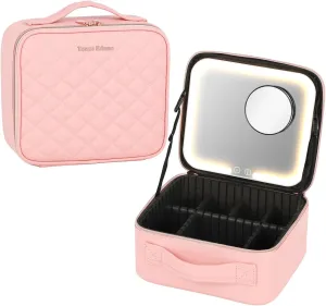 PU Leather Cosmetics Train Case with Removeable LED Lighted Mirror Rechargeable 3 Color Lights Adjustable Brightness Portable Makeup Artist Organizer with Adjustable Dividers (Pink)