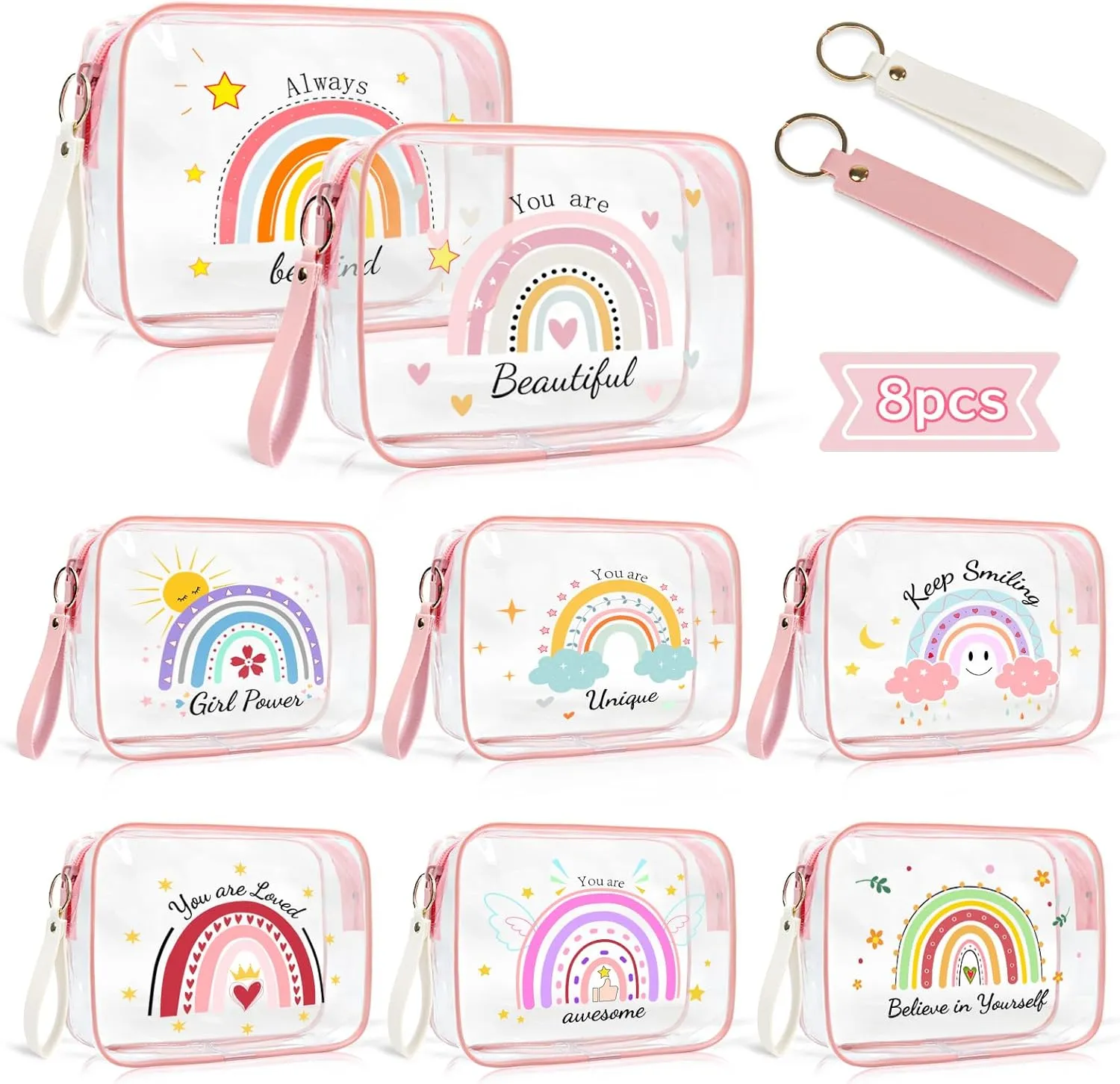PUNICA 8 Pcs Rainbow Clear Makeup Bags Women Gifts, Cosmetic Bag Bulk Organizer Case Waterproof Travel Toiletry Bags with Zipper, Gifts for Girls Mother Nurse - Pink