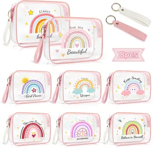 PUNICA 8 Pcs Rainbow Clear Makeup Bags Women Gifts, Cosmetic Bag Bulk Organizer Case Waterproof Travel Toiletry Bags with Zipper, Gifts for Girls Mother Nurse - Pink