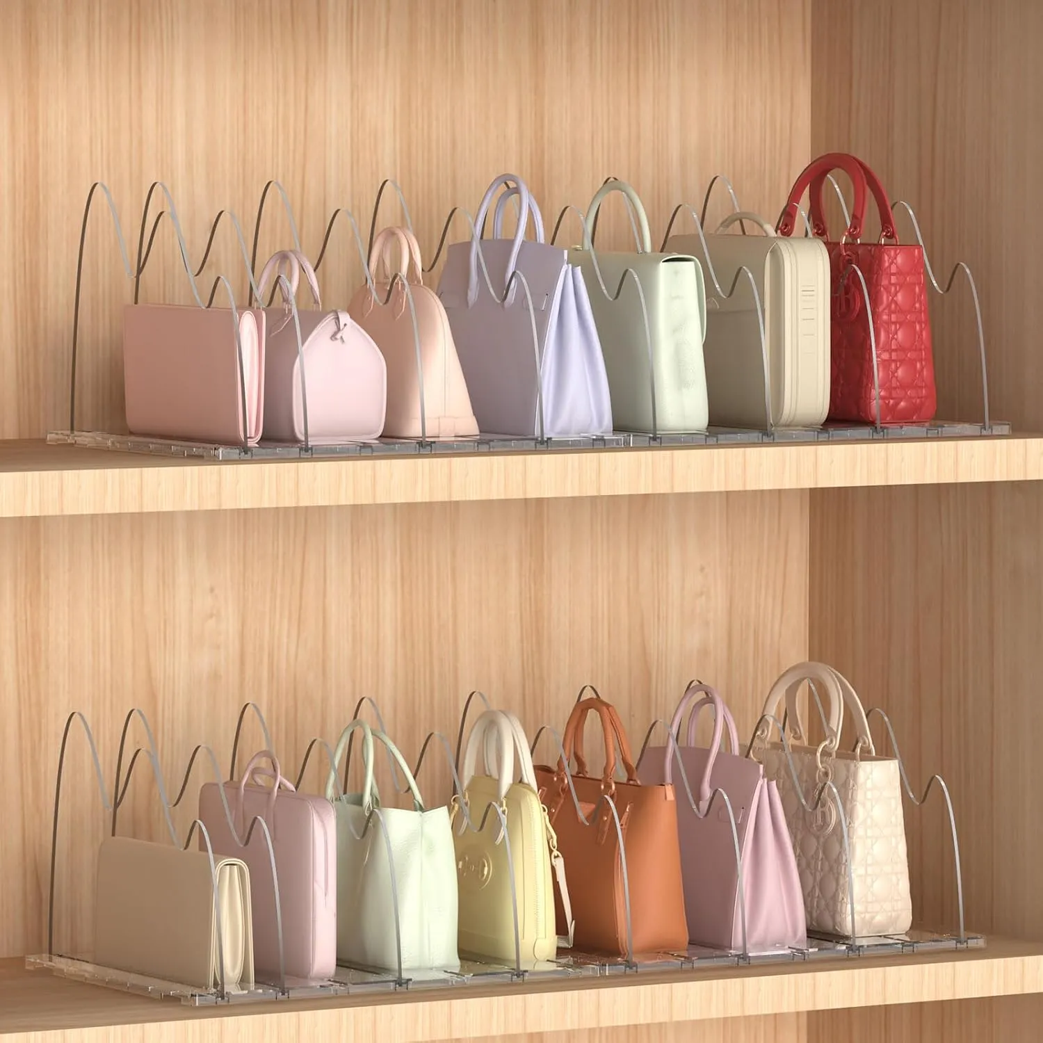 Purse Organizer for Closet, 2-Pack 8 Layer Adjustable Women Handbag Organizer, Clear Shelf Dividers for Closet, Bookshelf, Storage, Offices Organization (Yamagata)
