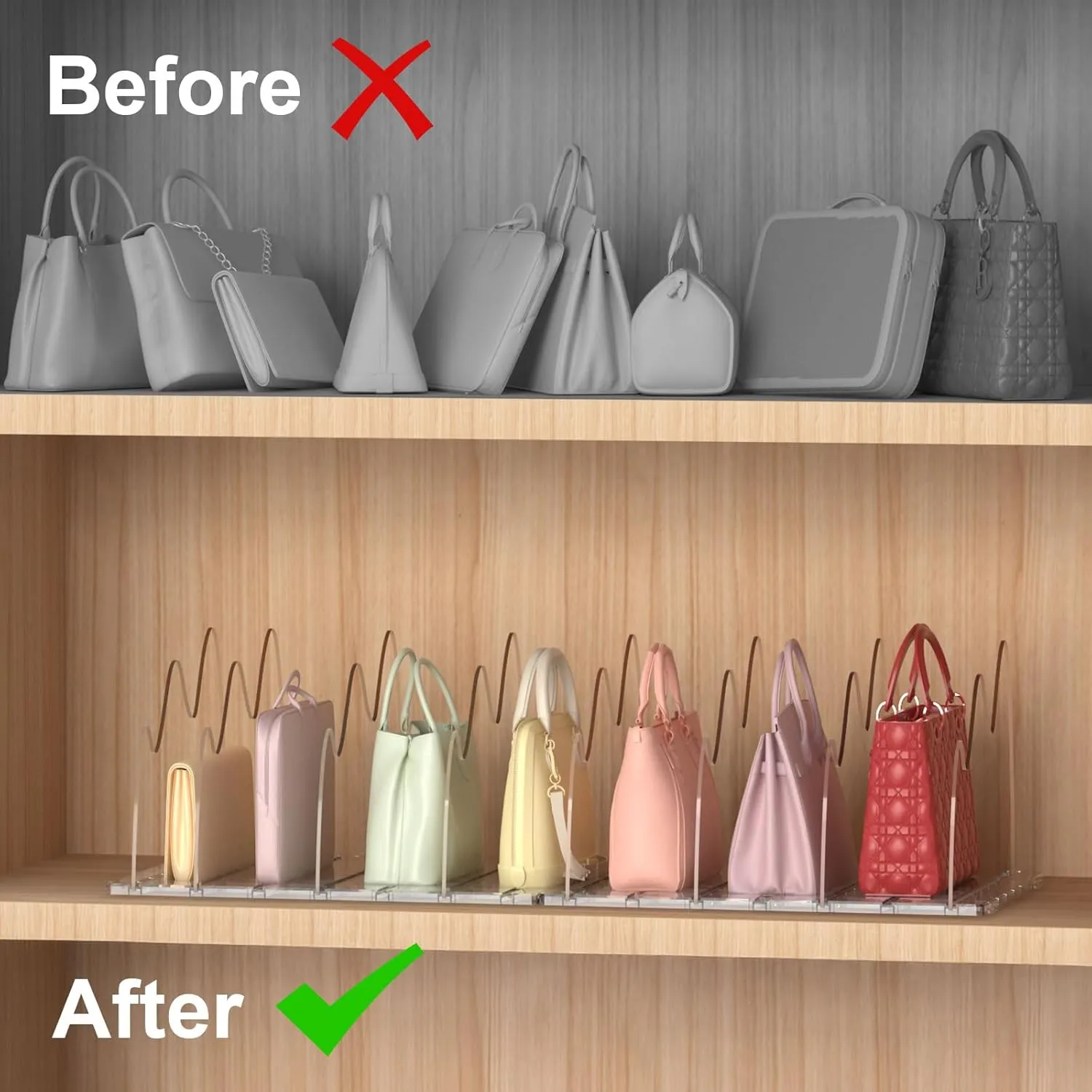Purse Organizer for Closet, 2-Pack 8 Layer Adjustable Women Handbag Organizer, Clear Shelf Dividers for Closet, Bookshelf, Storage, Offices Organization (Yamagata)