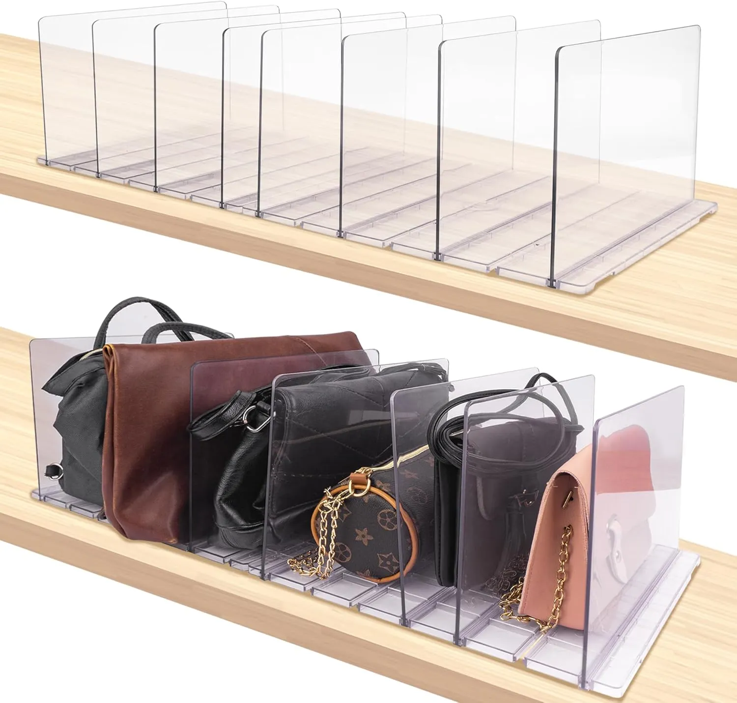Purse Organizer for Closet, Acrylic Clear Handbag Storage Organizers, Adjustable Shelf Divider Bag Organizer for Small Closet, 2 Pack