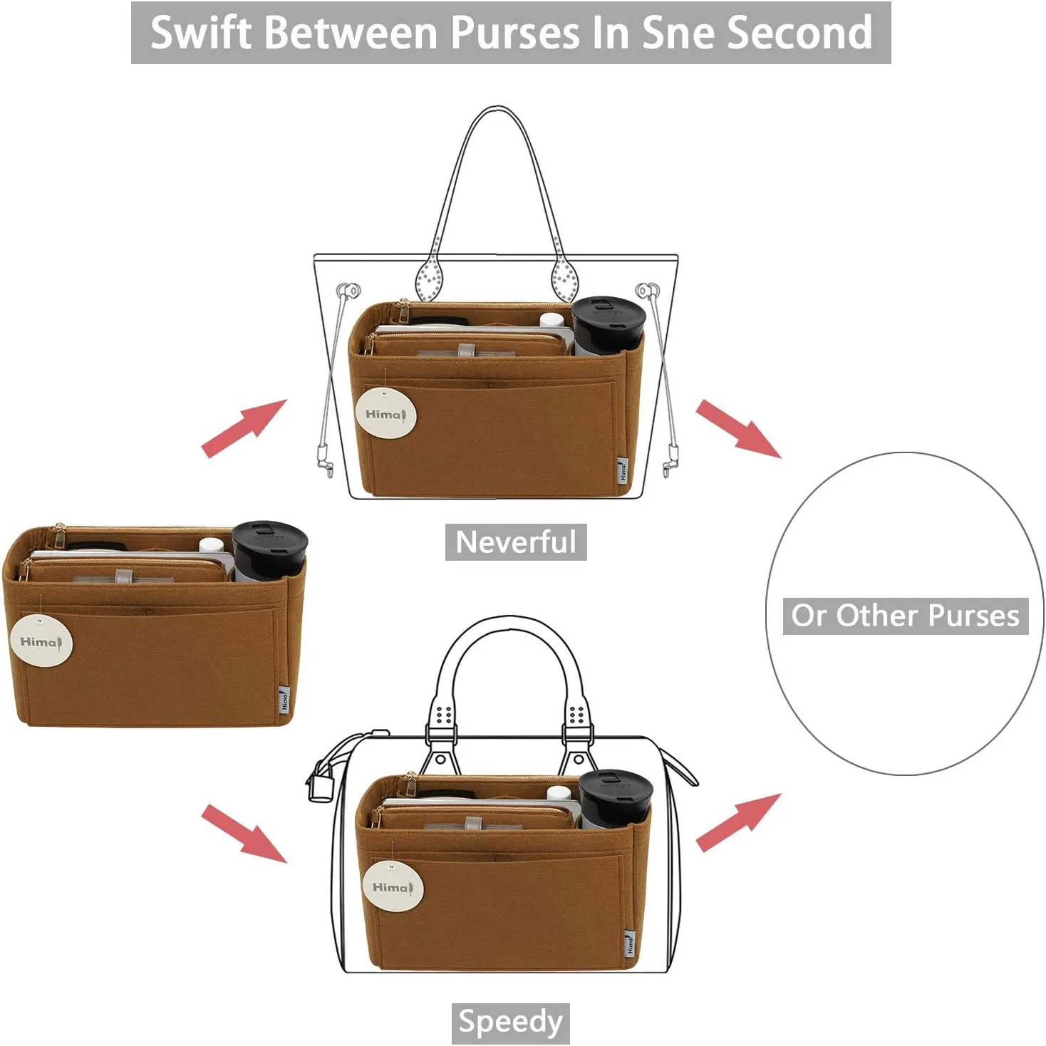 Purse Organizer Insert, Handbag Organizer, Bag in Bag Organizer, Perfect for Speedy Neverfull and More, 5 Sizes (Medium, Lighting Coffee)