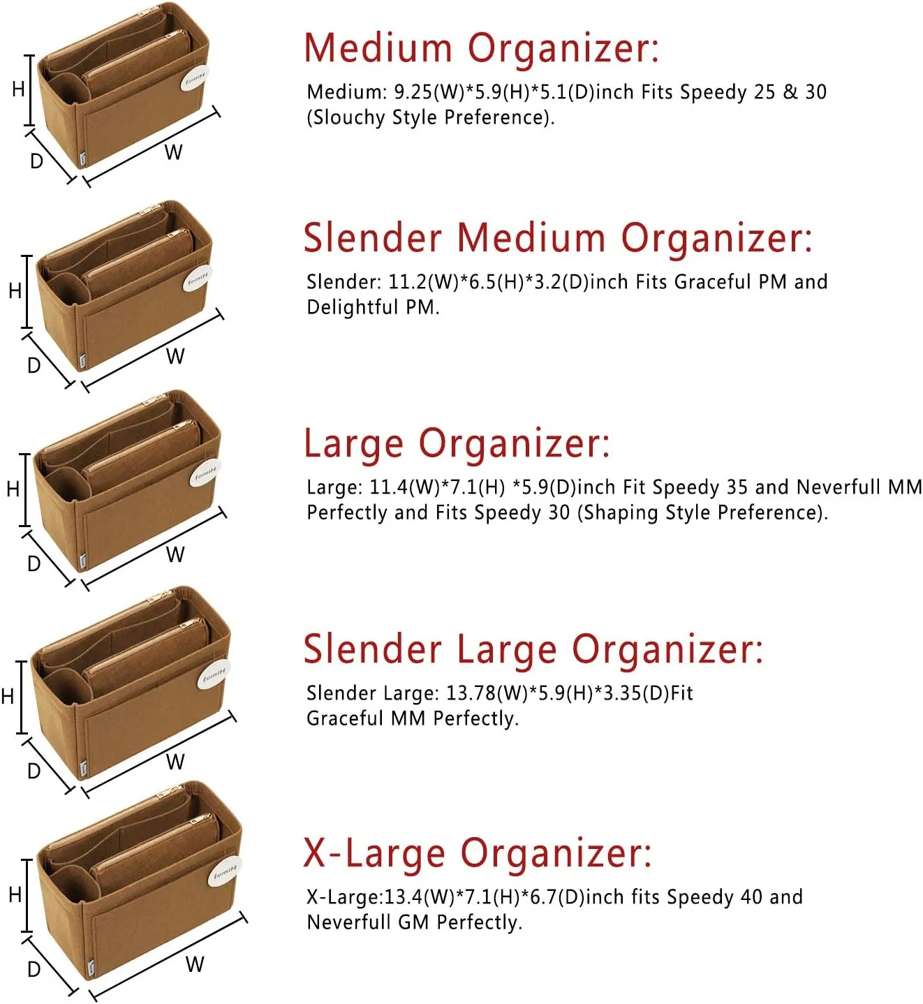 Purse Organizer Insert, Handbag Organizer, Bag in Bag Organizer, Perfect for Speedy Neverfull and More, 5 Sizes (Medium, Lighting Coffee)