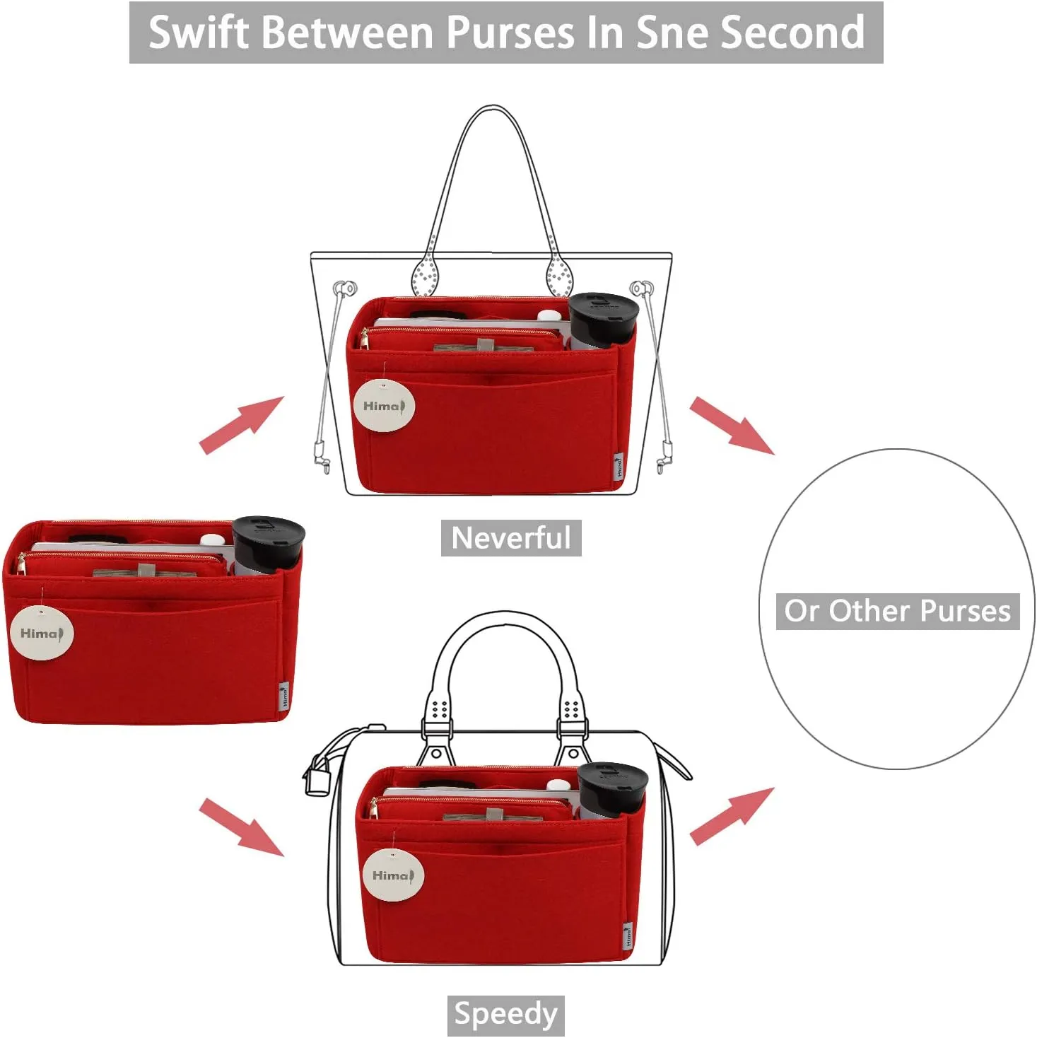 Purse Organizer Insert, Handbag Organizer, Bag in Bag Organizer, Perfect for Speedy Neverfull and More, 5 Sizes (Medium, Red)