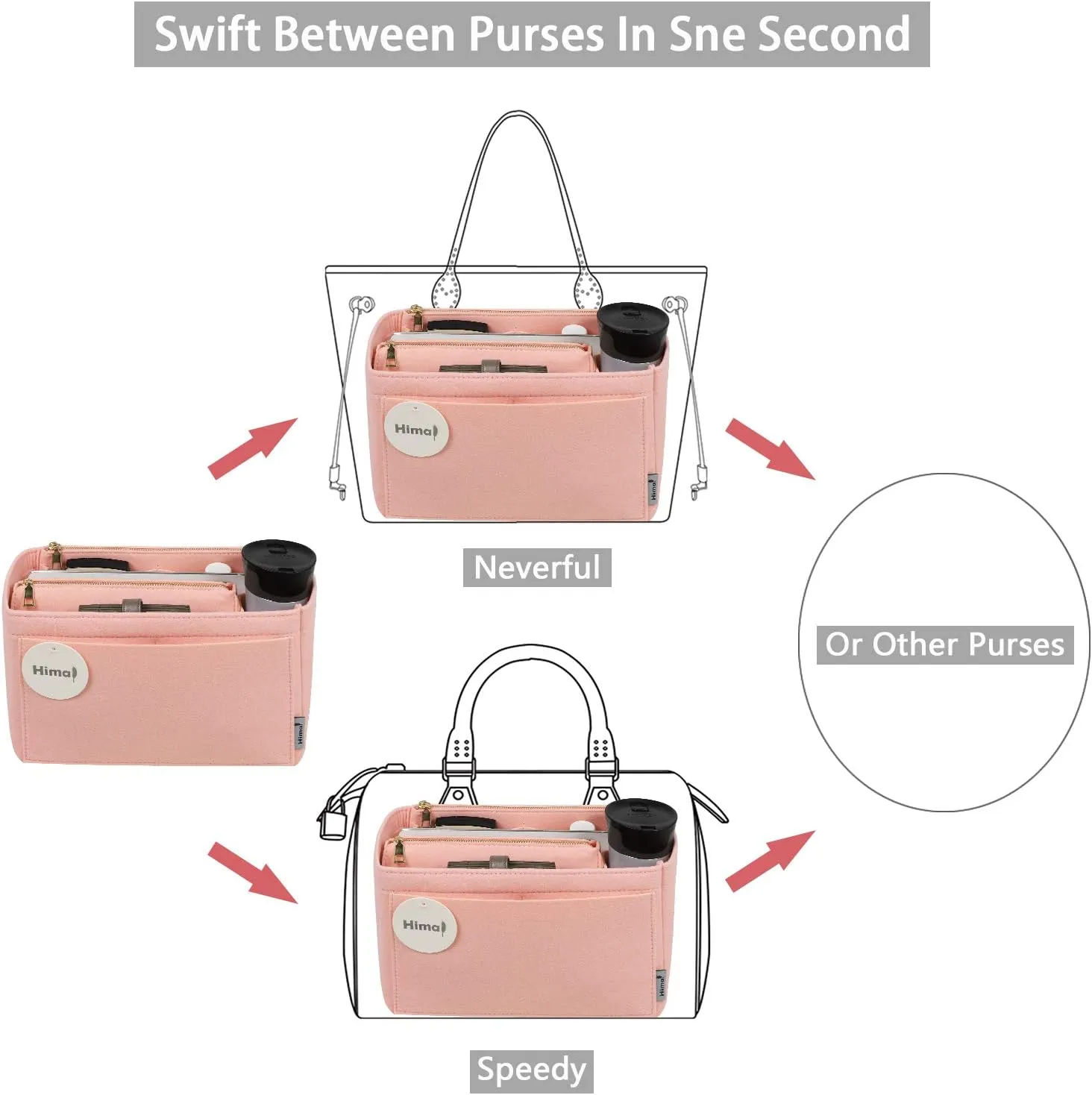 Purse Organizer Insert, Handbag Organizer, Bag in Bag Organizer, Perfect for Speedy Neverfull and More, 5 Sizes (Slender Medium, Brush Pink)