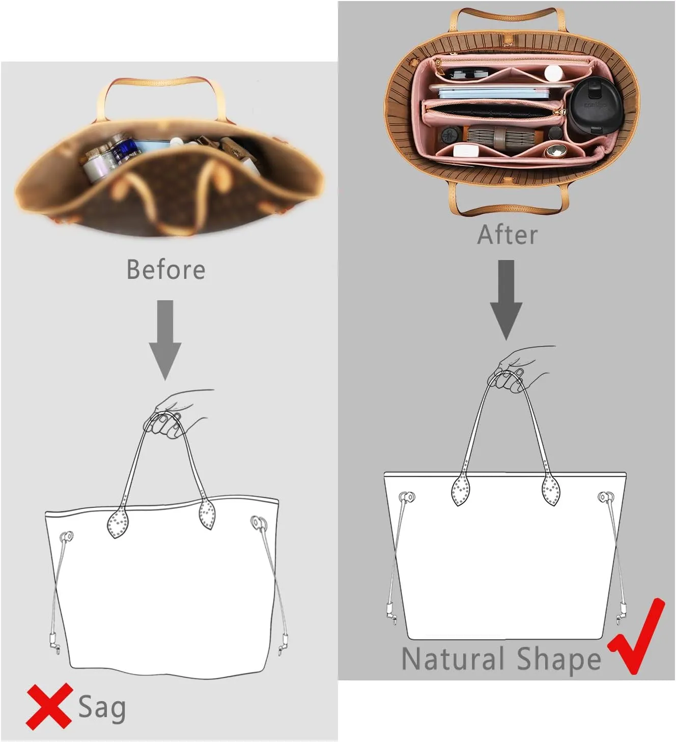Purse Organizer Insert, Handbag Organizer, Bag in Bag Organizer, Perfect for Speedy Neverfull and More, 5 Sizes (Slender Medium, Brush Pink)
