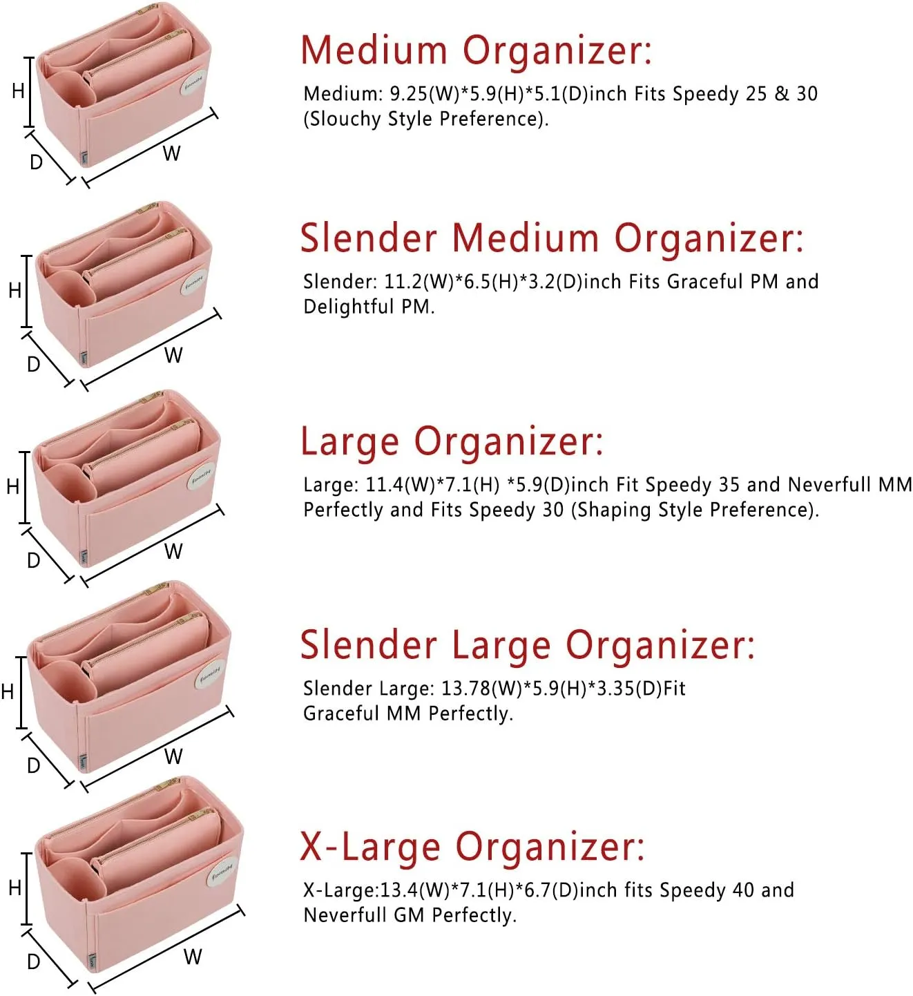 Purse Organizer Insert, Handbag Organizer, Bag in Bag Organizer, Perfect for Speedy Neverfull and More, 5 Sizes (Slender Medium, Brush Pink)