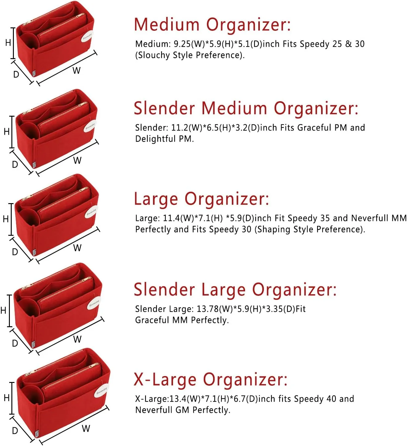 Purse Organizer Insert, Handbag Organizer, Bag in Bag Organizer, Perfect for Speedy Neverfull and More, 5 Sizes (Slender Medium, Red)