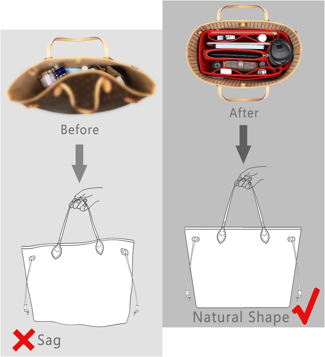 Purse Organizer Insert, Handbag Organizer, Bag in Bag Organizer, Perfect for Speedy Neverfull and More, 5 Sizes (Slender Medium, Red)