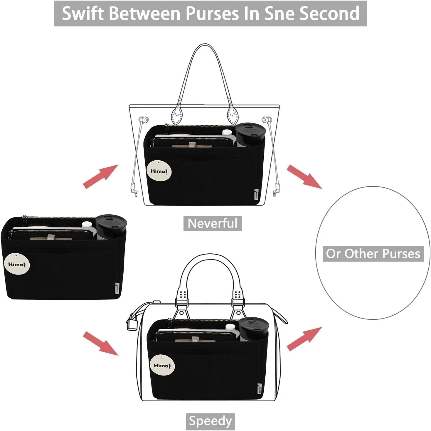 Purse Organizer Insert, Handbag Organizer, Bag in Bag Organizer, Perfect for Speedy Neverfull and More, 5 Sizes(Medium， Black)