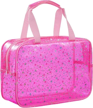 PVC Clear Makeup Bag for Women Waterproof Star Make Up Bag Toiletry Bag Travel Durable Cosmetic Bag Large Cute Tote Bag Organizer Makeup Pouch, Pink