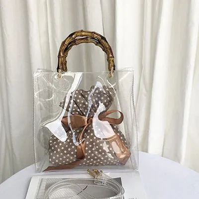 Pvc Clear Transparent Bamboo Top Handle Women Handbag Retro Waterproof Jelly Bag Vacation Wrist Bag Designer Crossbody Bag Totes