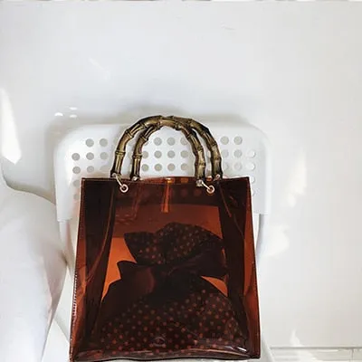 Pvc Clear Transparent Bamboo Top Handle Women Handbag Retro Waterproof Jelly Bag Vacation Wrist Bag Designer Crossbody Bag Totes