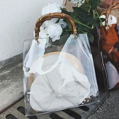 Pvc Clear Transparent Bamboo Top Handle Women Handbag Retro Waterproof Jelly Bag Vacation Wrist Bag Designer Crossbody Bag Totes