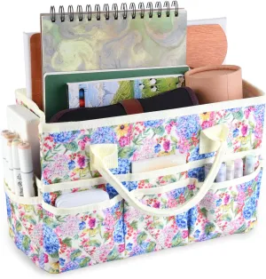 qianshan Craft Organizer Bag with Multiple Pockets, Large Art Storage Caddy with Handles for Art, Craft, Sewing, Make-up,Scrapbooking, Medical, and Office Supplies Storage. Blue Hydrangea