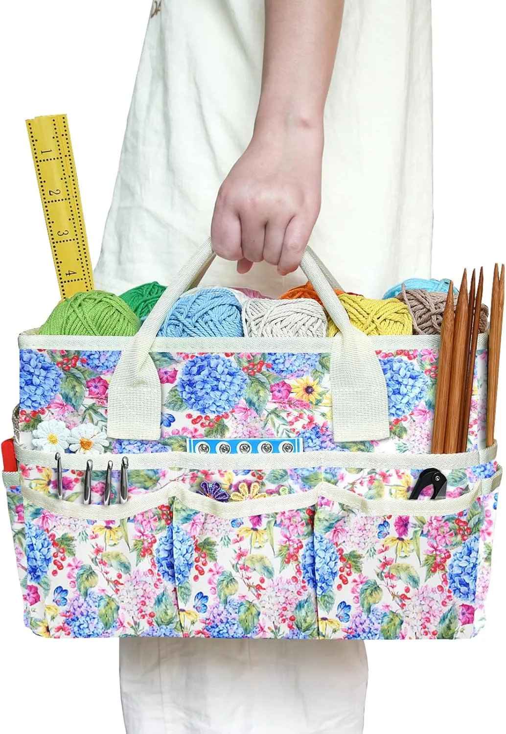 qianshan Craft Organizer Bag with Multiple Pockets, Large Art Storage Caddy with Handles for Art, Craft, Sewing, Make-up,Scrapbooking, Medical, and Office Supplies Storage. Blue Hydrangea