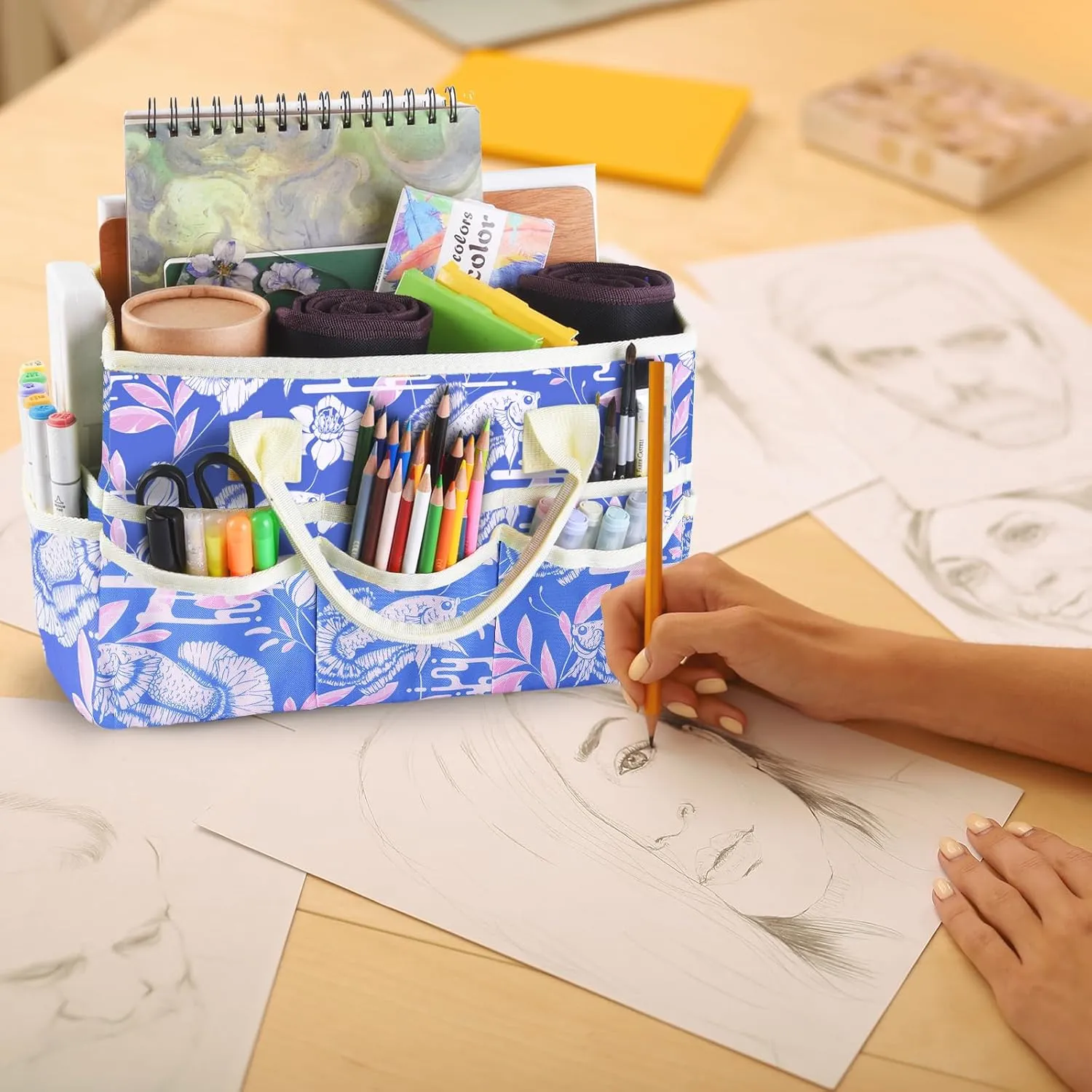 qianshan Craft Organizer Tote Bag with Multiple Pockets, Large Art Storage Caddy with Handles for Art, Craft, Sewing, Make-up，Scrapbooking, Medical, and Office Supplies Storage.Blue Fish