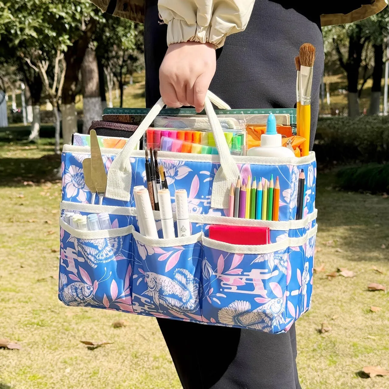 qianshan Craft Organizer Tote Bag with Multiple Pockets, Large Art Storage Caddy with Handles for Art, Craft, Sewing, Make-up，Scrapbooking, Medical, and Office Supplies Storage.Blue Fish