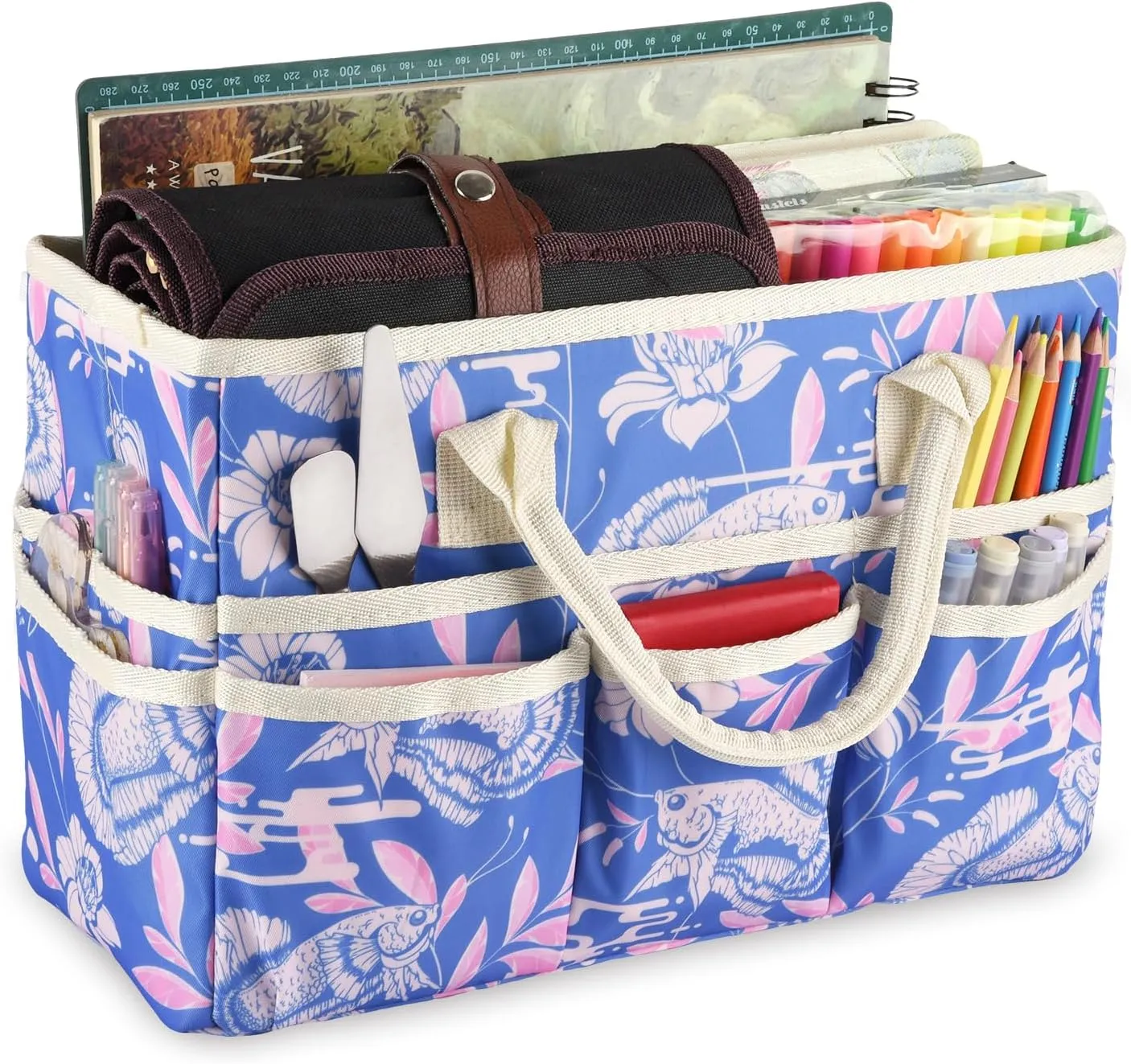 qianshan Craft Organizer Tote Bag with Multiple Pockets, Large Art Storage Caddy with Handles for Art, Craft, Sewing, Make-up，Scrapbooking, Medical, and Office Supplies Storage.Blue Fish