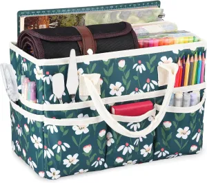qianshan Craft Organizer Tote Bag with Multiple Pockets, Large Art Storage Caddy with Handles for Art, Craft, Sewing, Make-up，Scrapbooking, Medical, and Office Supplies Storage.Green White Flower