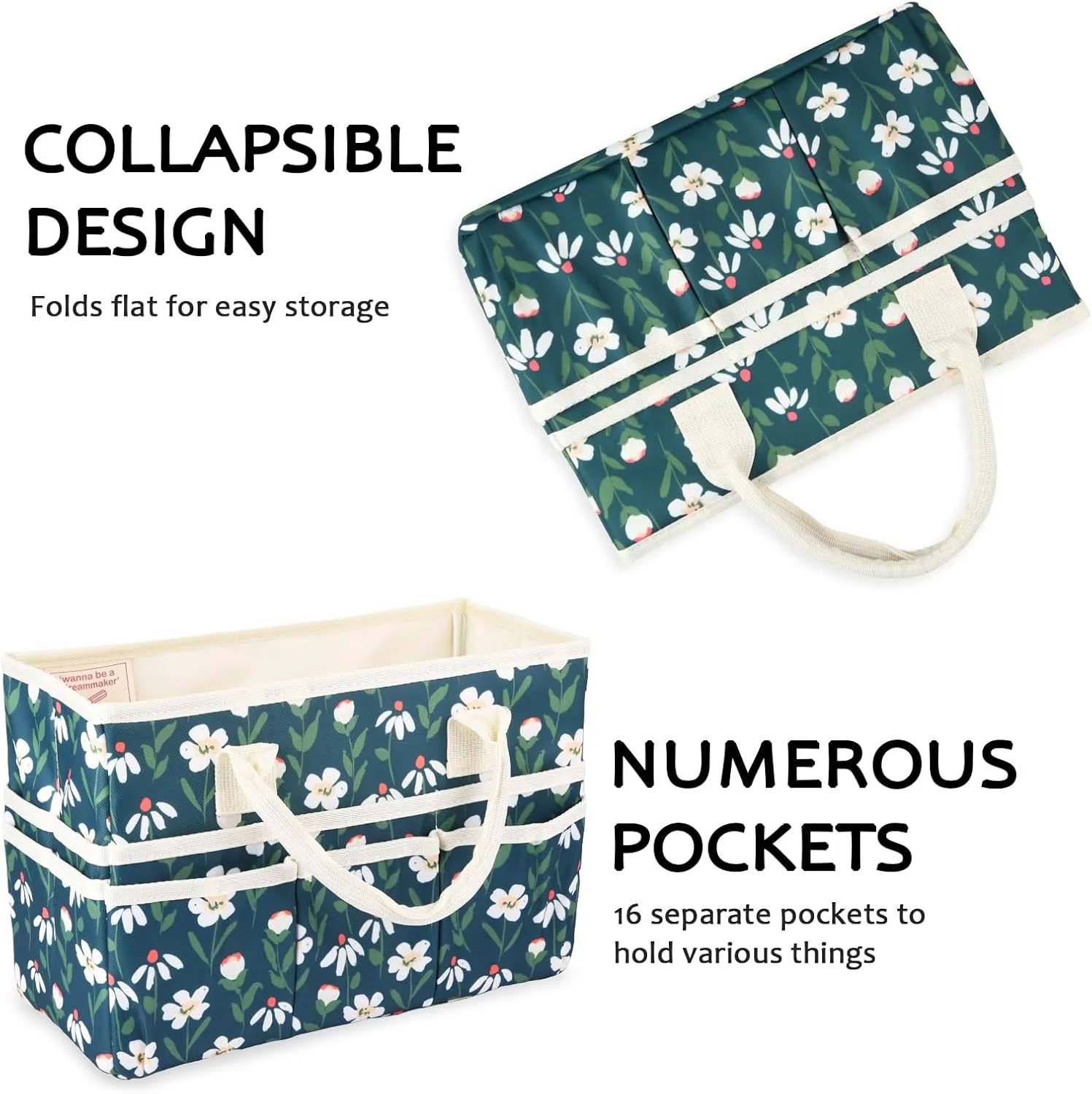 qianshan Craft Organizer Tote Bag with Multiple Pockets, Large Art Storage Caddy with Handles for Art, Craft, Sewing, Make-up，Scrapbooking, Medical, and Office Supplies Storage.Green White Flower
