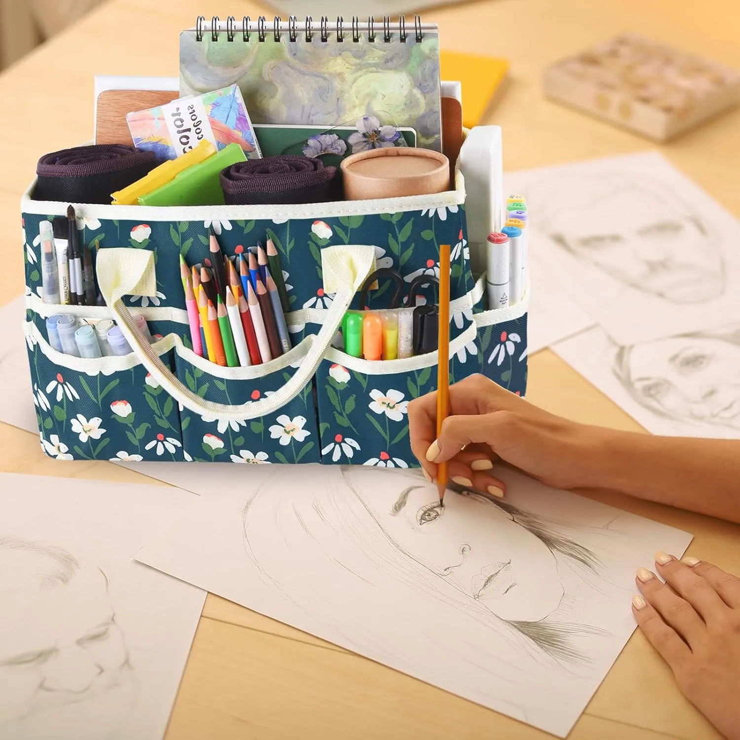 qianshan Craft Organizer Tote Bag with Multiple Pockets, Large Art Storage Caddy with Handles for Art, Craft, Sewing, Make-up，Scrapbooking, Medical, and Office Supplies Storage.Green White Flower