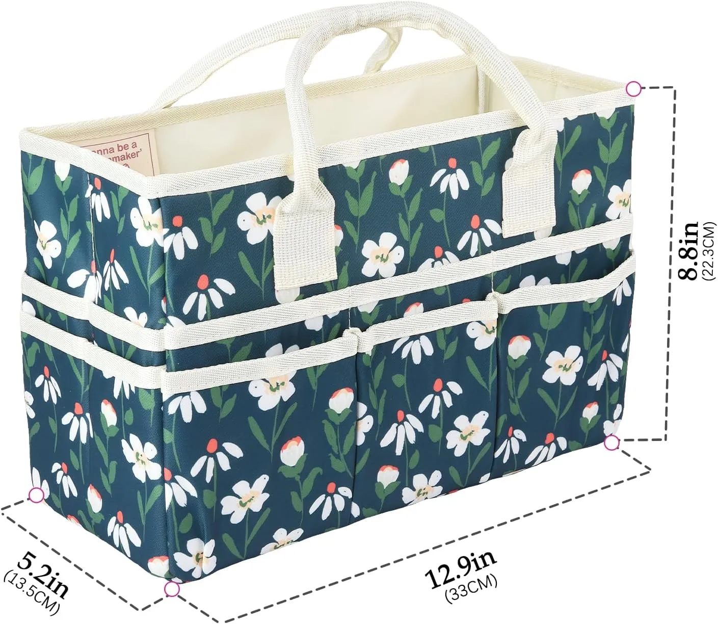 qianshan Craft Organizer Tote Bag with Multiple Pockets, Large Art Storage Caddy with Handles for Art, Craft, Sewing, Make-up，Scrapbooking, Medical, and Office Supplies Storage.Green White Flower