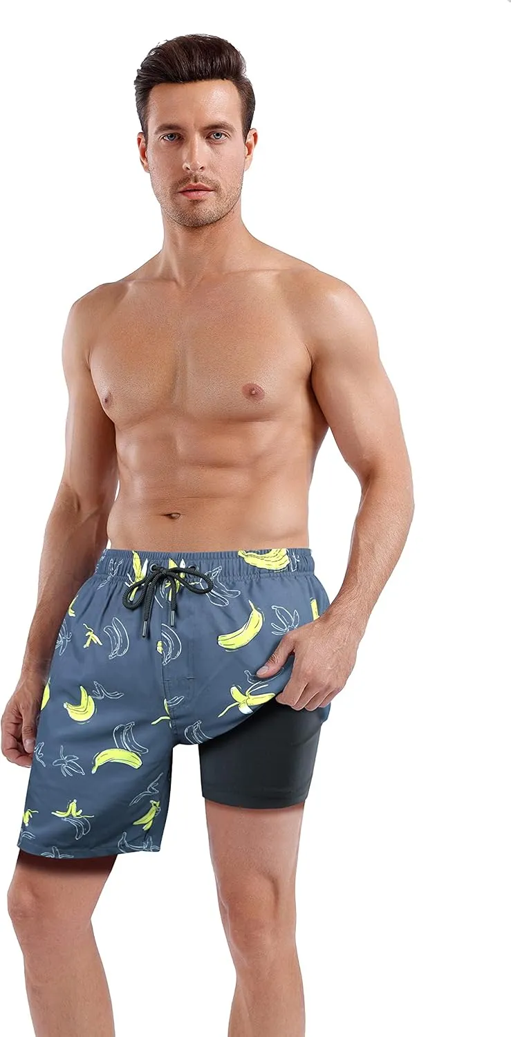 QRANSS Mens Swim Trunks with Compression Lined 7'' Swim Shorts Quick Dry Swimwear Boardshorts with Boxer Brief Liner