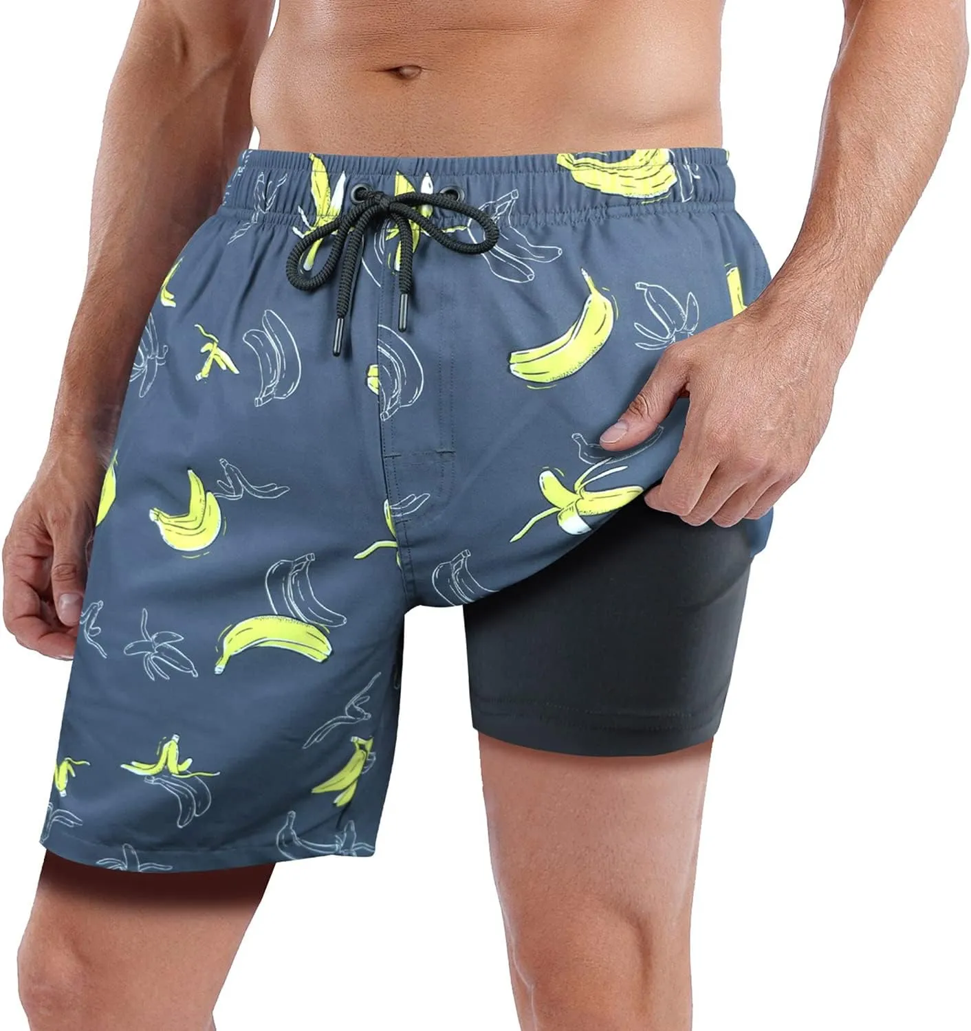 QRANSS Mens Swim Trunks with Compression Lined 7'' Swim Shorts Quick Dry Swimwear Boardshorts with Boxer Brief Liner