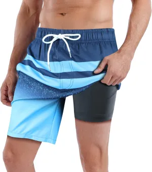 QRANSS Mens Swim Trunks with Compression Lined 7'' Swim Shorts Quick Dry Swimwear Boardshorts with Boxer Brief Liner