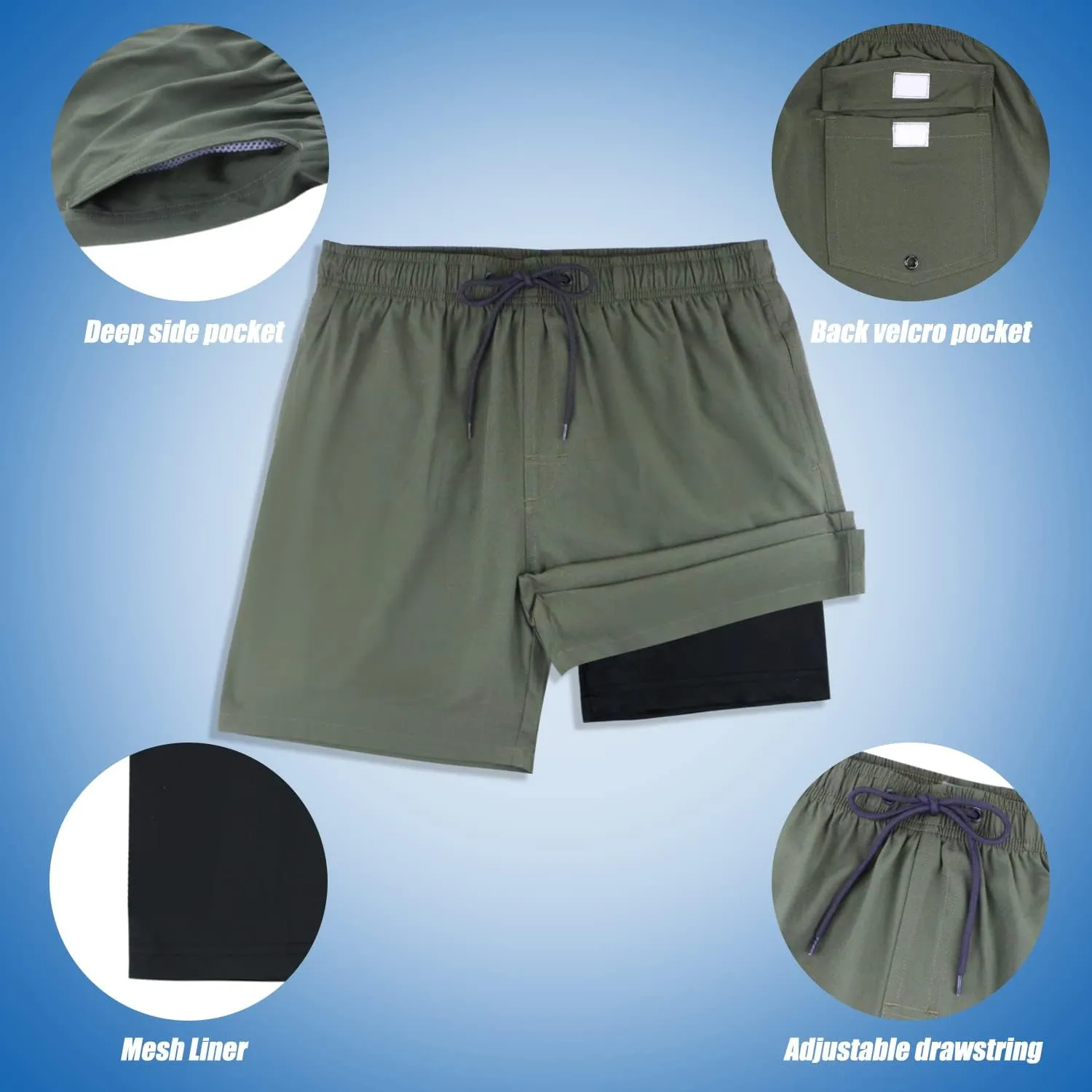 QRANSS Mens Swim Trunks with Compression Lined 7'' Swim Shorts Quick Dry Swimwear Boardshorts with Boxer Brief Liner