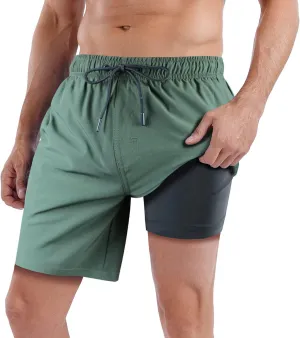 QRANSS Mens Swim Trunks with Compression Lined 7'' Swim Shorts Quick Dry Swimwear Boardshorts with Boxer Brief Liner