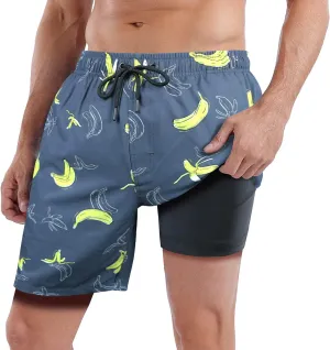 QRANSS Mens Swim Trunks with Compression Lined 7'' Swim Shorts Quick Dry Swimwear Boardshorts with Boxer Brief Liner