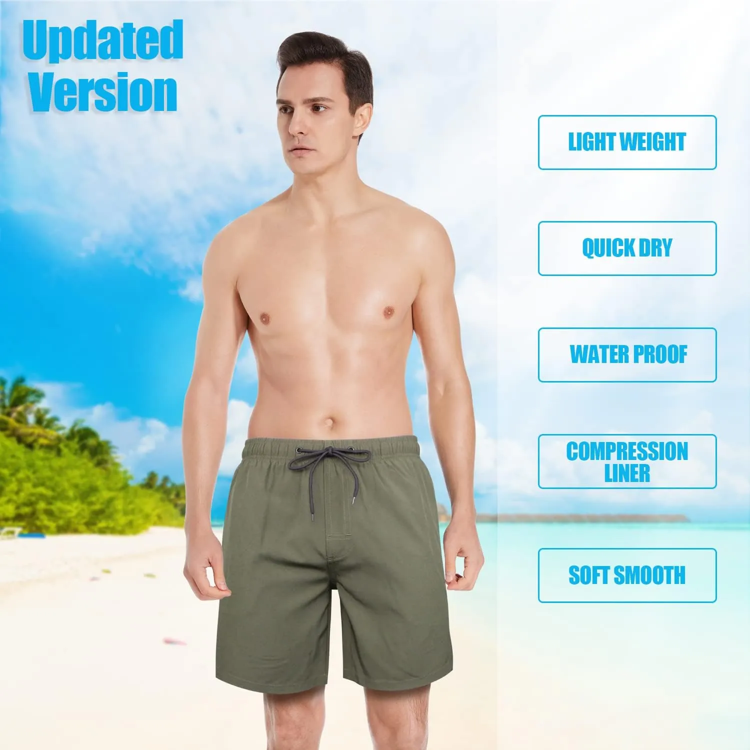 QRANSS Mens Swim Trunks with Compression Lined 7'' Swim Shorts Quick Dry Swimwear Boardshorts with Boxer Brief Liner