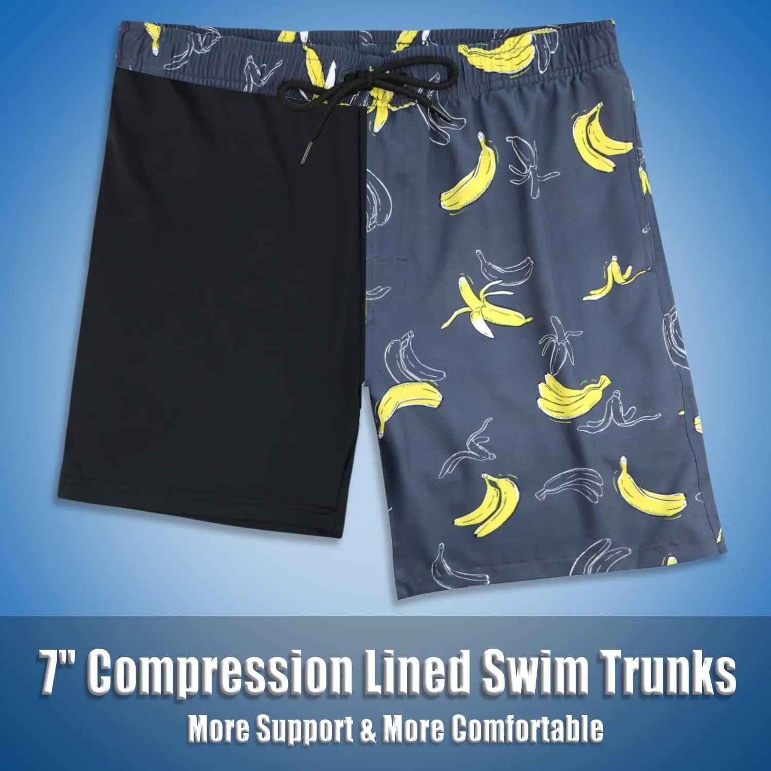 QRANSS Mens Swim Trunks with Compression Lined 7'' Swim Shorts Quick Dry Swimwear Boardshorts with Boxer Brief Liner