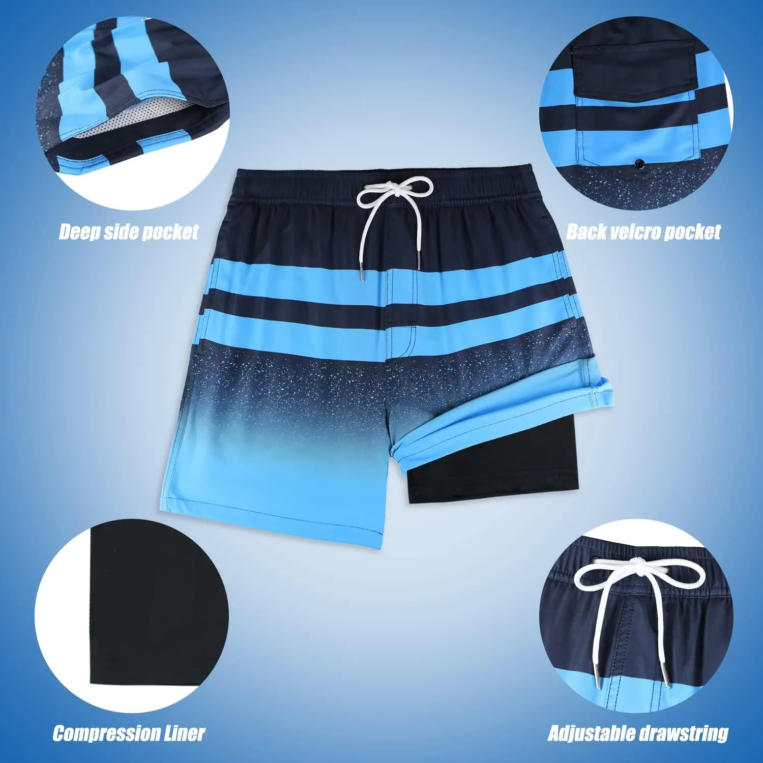 QRANSS Mens Swim Trunks with Compression Lined 7'' Swim Shorts Quick Dry Swimwear Boardshorts with Boxer Brief Liner