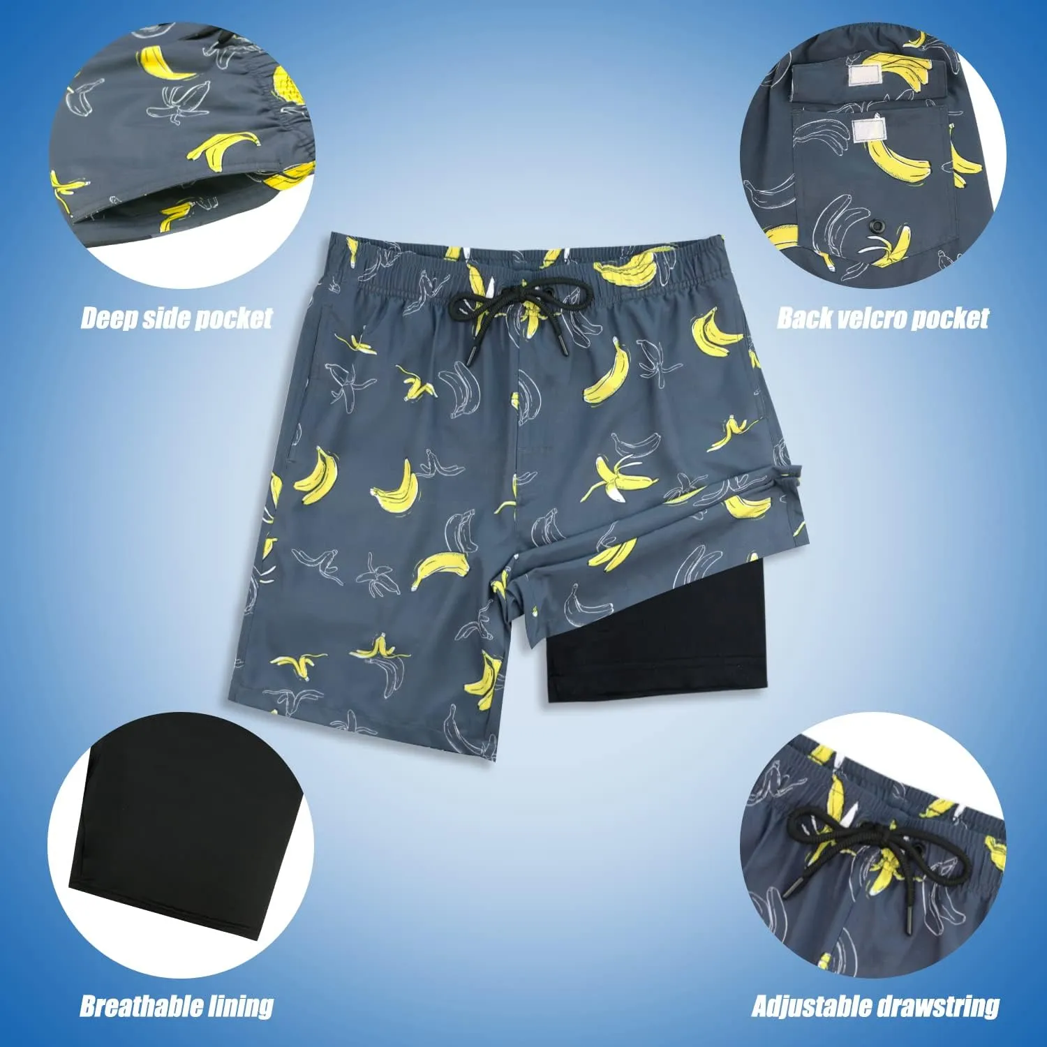 QRANSS Mens Swim Trunks with Compression Lined 7'' Swim Shorts Quick Dry Swimwear Boardshorts with Boxer Brief Liner
