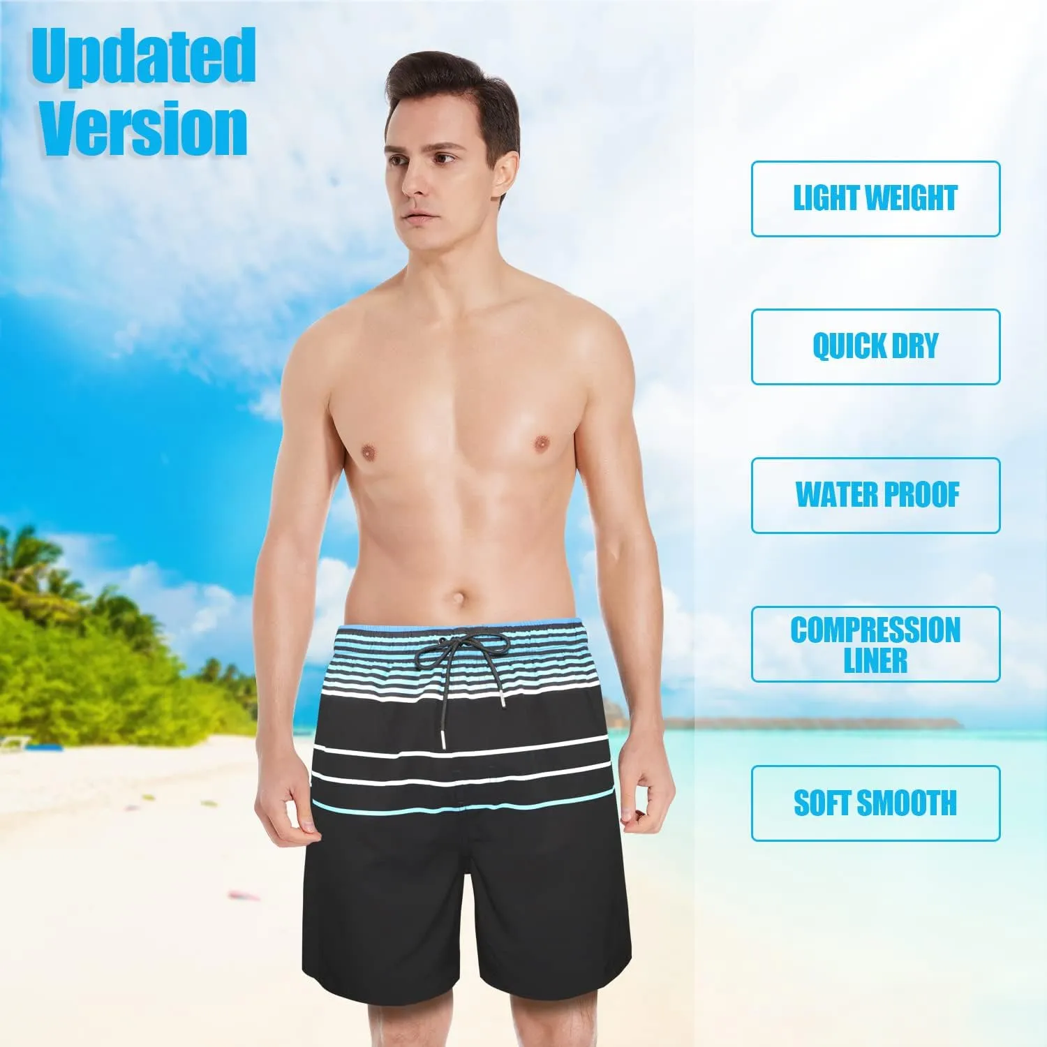 QRANSS Mens Swim Trunks with Compression Lined 7'' Swim Shorts Quick Dry Swimwear Boardshorts with Boxer Brief Liner