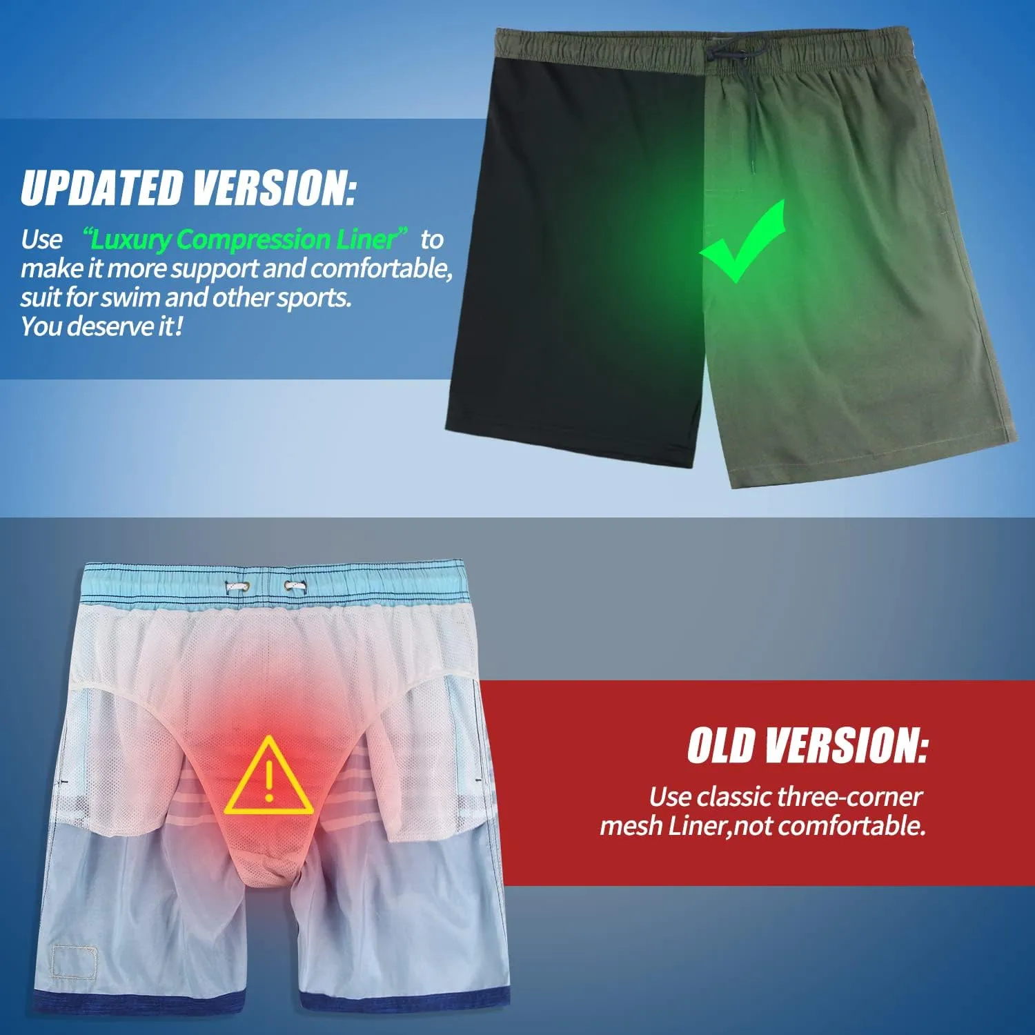 QRANSS Mens Swim Trunks with Compression Lined 7'' Swim Shorts Quick Dry Swimwear Boardshorts with Boxer Brief Liner