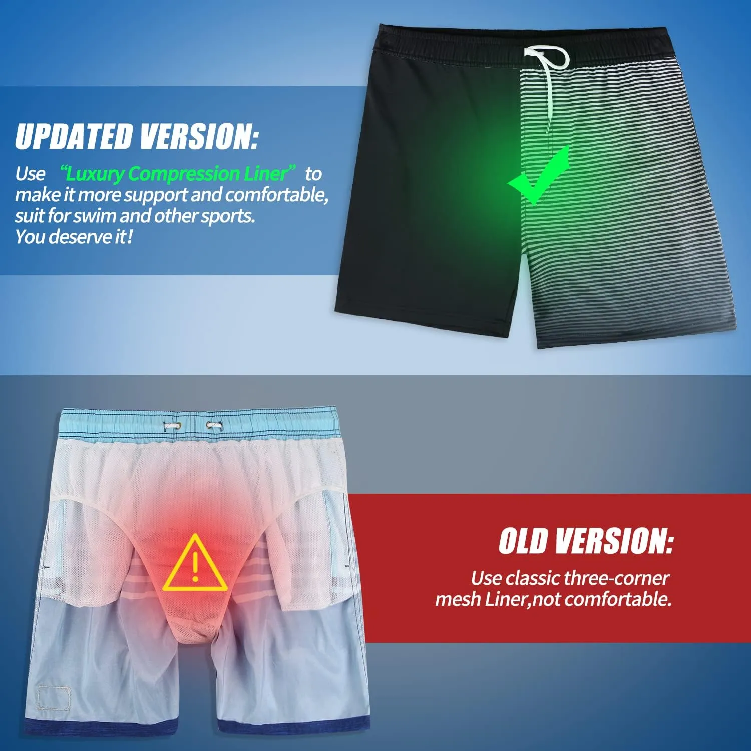 QRANSS Mens Swim Trunks with Compression Lined 7'' Swim Shorts Quick Dry Swimwear Boardshorts with Boxer Brief Liner