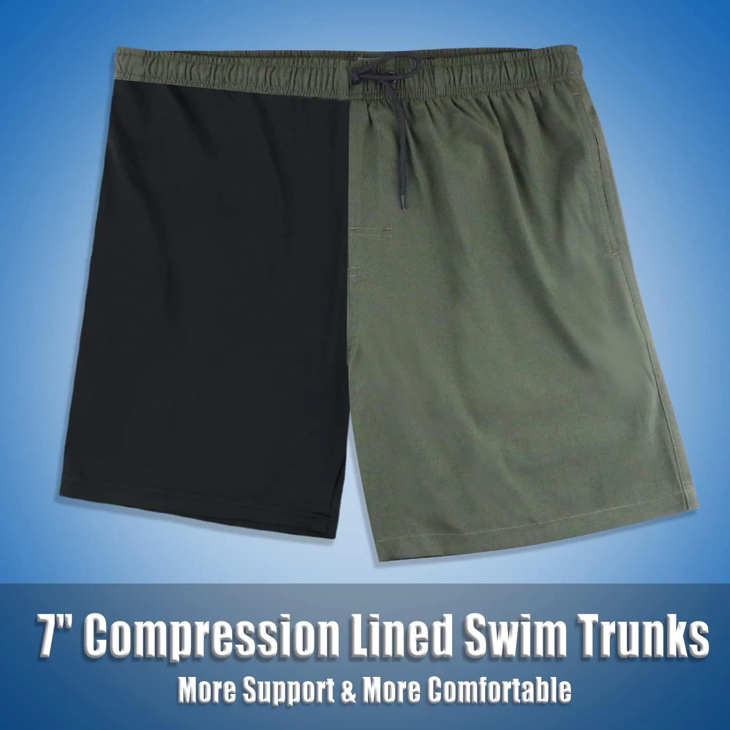 QRANSS Mens Swim Trunks with Compression Lined 7'' Swim Shorts Quick Dry Swimwear Boardshorts with Boxer Brief Liner