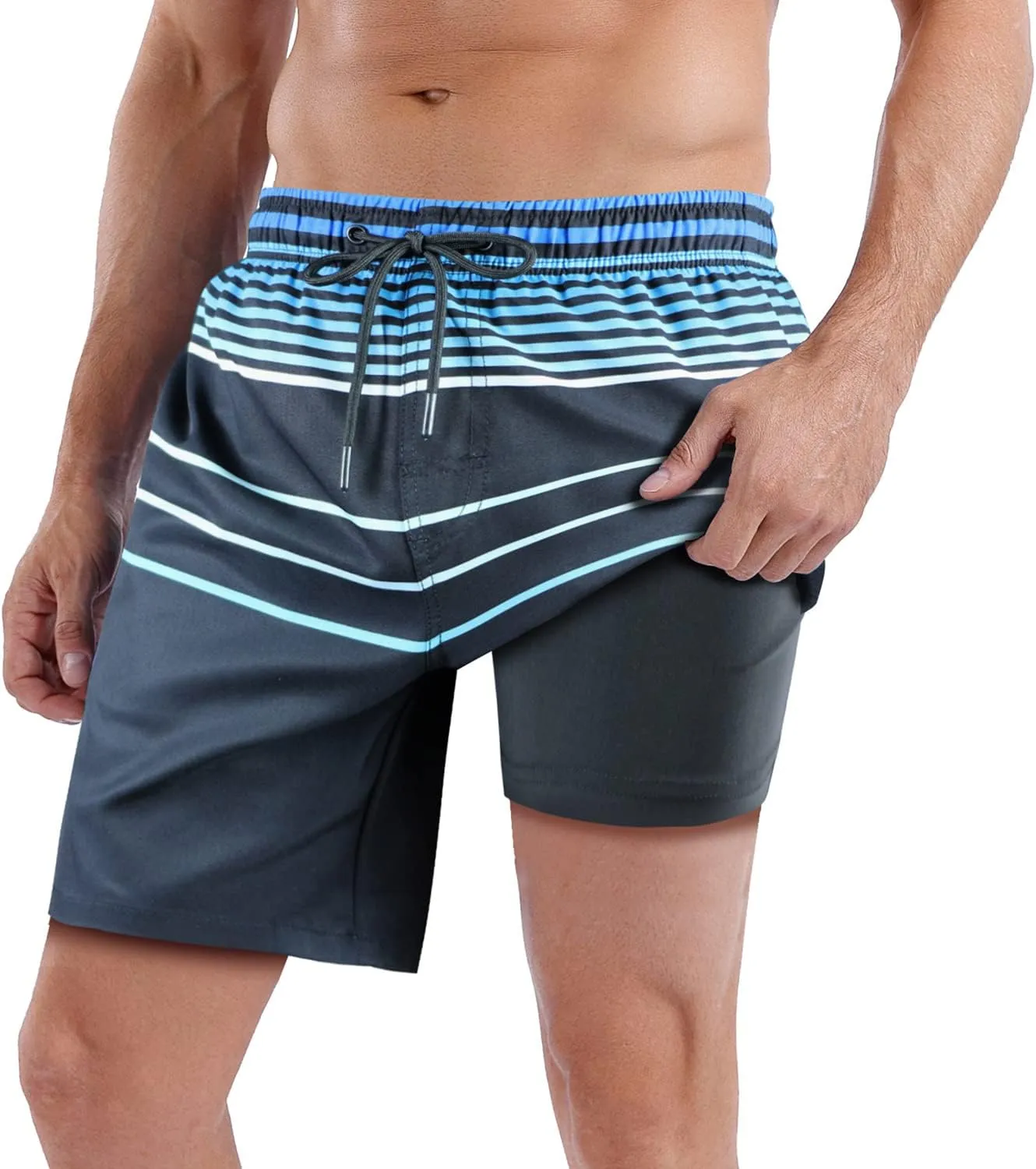 QRANSS Mens Swim Trunks with Compression Lined 7'' Swim Shorts Quick Dry Swimwear Boardshorts with Boxer Brief Liner