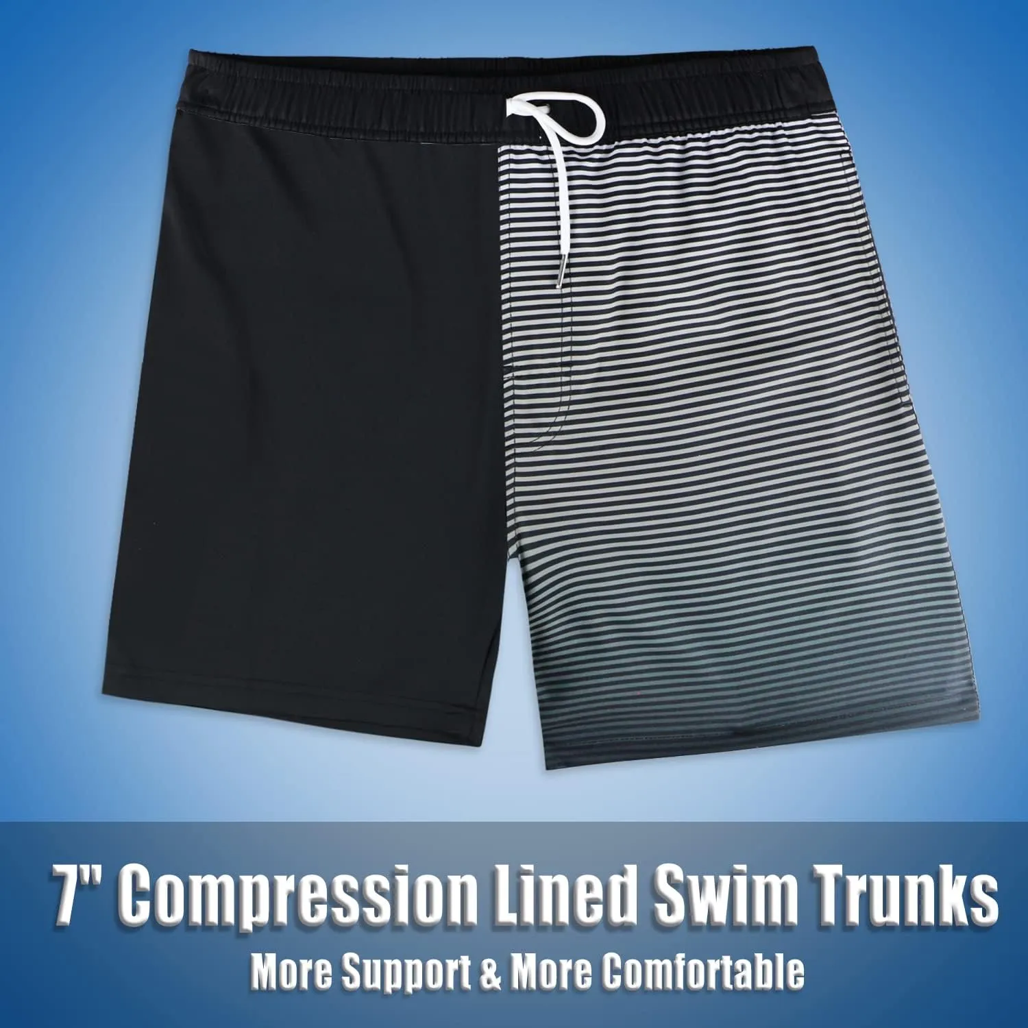 QRANSS Mens Swim Trunks with Compression Lined 7'' Swim Shorts Quick Dry Swimwear Boardshorts with Boxer Brief Liner