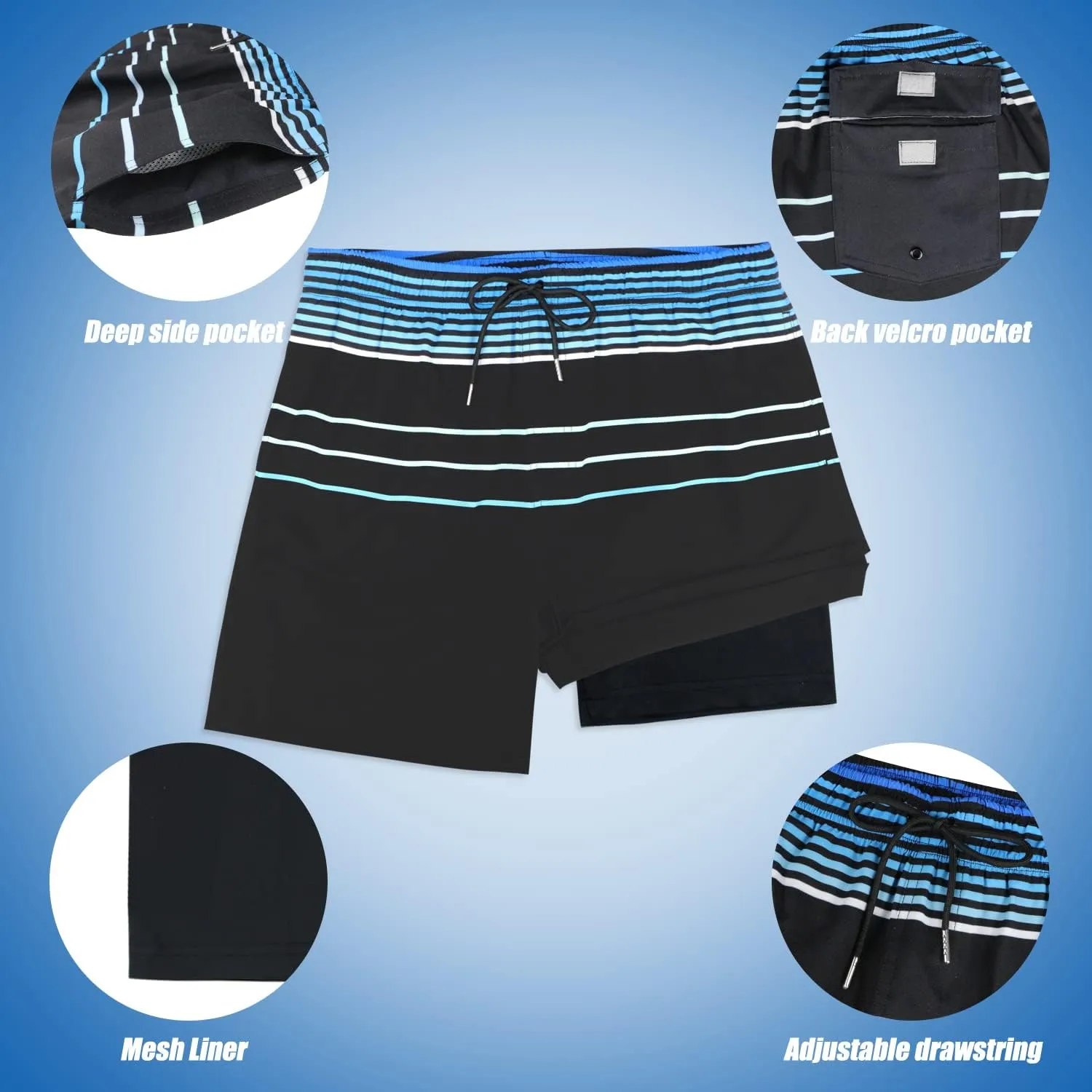 QRANSS Mens Swim Trunks with Compression Lined 7'' Swim Shorts Quick Dry Swimwear Boardshorts with Boxer Brief Liner