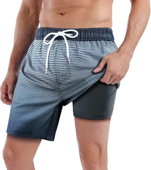 QRANSS Mens Swim Trunks with Compression Lined 7'' Swim Shorts Quick Dry Swimwear Boardshorts with Boxer Brief Liner